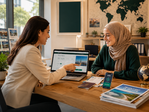 Une conseillère d’agence de voyage et sa cliente préparant un voyage devant un ordinateur portable.